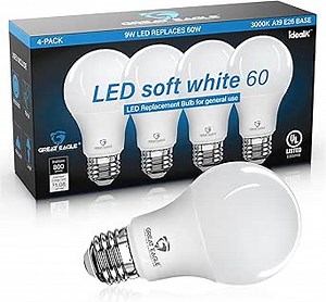 Great Eagle A19 LED Light Bulbs 60 Watt Equivalent - UL Listed - Soft White 3000K LED Light Bulbs - 9W Non Dimmable - 800 Lumens (4 Pack)