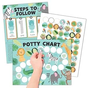 Hadley Designs Potty Training Chart for Toddlers Boys -10 Sticker Potty Chart for Toddlers Girls, 8.5x11" Potty Training Sticker Charts for Toilet Success, Safari Toddler Reward Chart for Kids