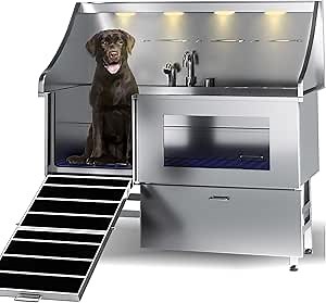 Dog Washing Station, LED Professional Stainless Steel Dog Bathing Station, Dog Tub for Large, Medium & Small Dog, Dog Grooming Tub with Window, Ramp, Drawer, Floor Grate & Fauct, Pet Wash Station（61"）