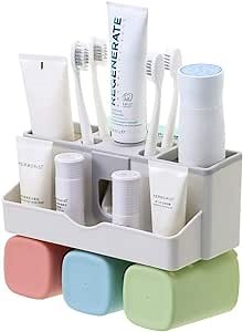 Toothbrush Holder Wall Mounted with Toothpaste Dispenser,Toothpaste Holder Bathroom Organizer 3 Cups Holder Stand