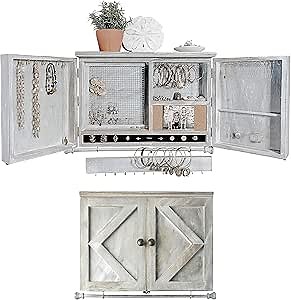 Rustic Jewelry Organizer – Wall Mounted Jewelry Holder with Removable Bracelet Rod, Shelf, Earrings Wire Mesh, 33 Hooks & Barn Doors – Perfect Earrings, Necklaces and Bracelets Holder - Rustic Grey