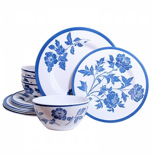 Melamine Dinnerware Set 12-Piece for 4 Dish Set Plates Bowls Unbreakable Dishware for Indoor Outdoor Use Lightweight Durable for Camping Picnics Parties