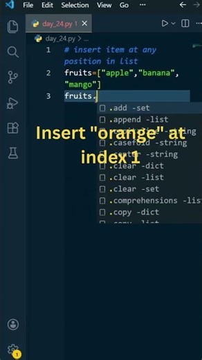 Day 24: Insert an Item Anywhere in a Python List 🤯 #shorts