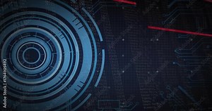 Circular interface materializing, code splitting and appending under scan line showing HUD styling