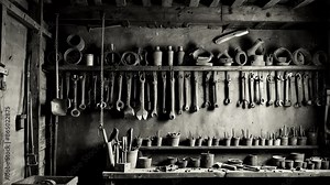 Rusty old hand-tools on a wall rack in and abandoned workshop