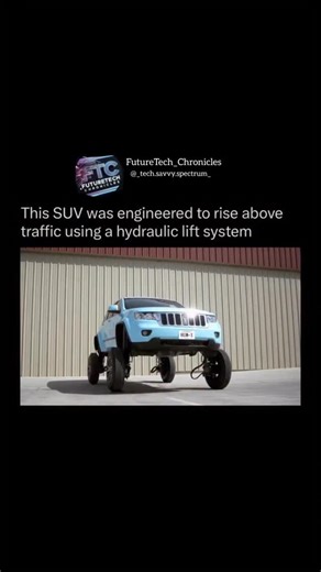 FutureTech_chronicles on Instagram: "A one of a kind stunt SUV was built by a Hollywood special effects team for a Verizon campaign, designed to rise high above traffic with a hydraulic lift system that looks unreal in motion. The Hum Rider began as a Jeep Grand Cherokee but was rebuilt from the frame with industrial hydraulics, a generator under the hood, and widened tracks that let the vehicle climb upward during controlled demonstrations. The project took months to engineer and used reinforce