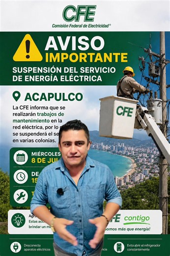 La #CFE informó que realizará un corte programado en el suministro de energía eléctrica el próximo miércoles 8 de julio en 12 colonias de #Acapulco, debido a trabajos de mantenimiento en la red de distribución. De acuerdo con un comunicado emitido por la Coordinación de Comunicación de la División Centro Sur, la suspensión del servicio se llevará a cabo de 10:30 a 15:30 horas, por lo que tendrá una duración aproximada de cinco horas.