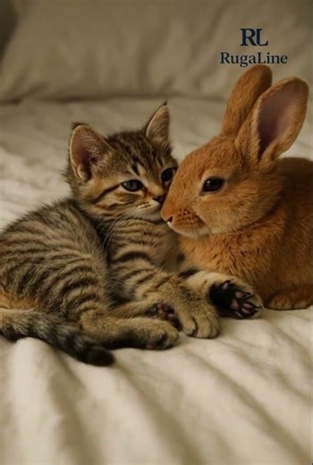Cutest Cuddle Ever: Kitten & Bunny Snuggle on Bed! 😺🐰😍