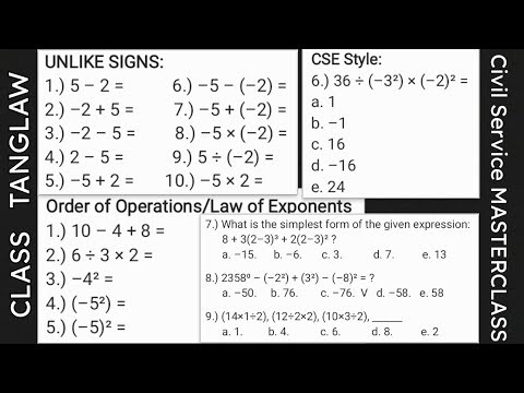 Basic MATH to Civil Service Style questions: Unlike Signs, Order of Operations (PEMDAS), Exponents
