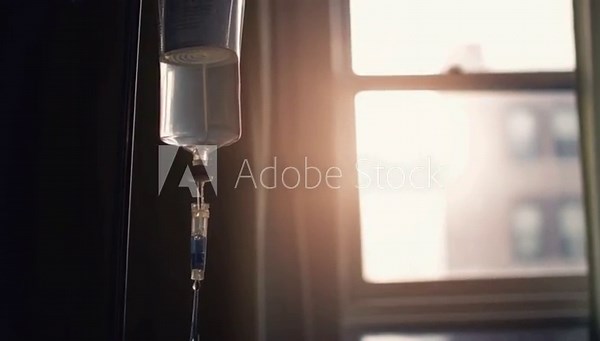 Hospital IV drip equipment hanging near window with warm sunlight in soft 4K footage, medical treatment infusion therapy scene, healthcare sick patient environment, clinical recovery atmosphere and ho