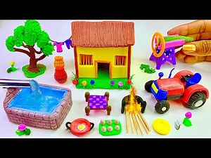 DIY How to make polymer clay miniature house, kitchen set, tractor, tube well,Chaff cutter machine