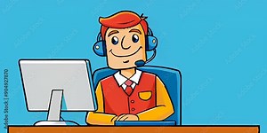 friendly male customer service representative wearing headset, helping clients online from desk