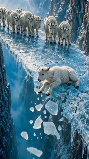 Baby Mountain Goat Trapped on a Cracking Ice Bridge! 😱 7 Fearless Goats Risk Everything to Save It