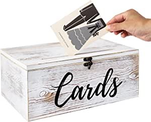 MyGift Shabby Chic Whitewashed Wood Gift Card Box with Cursive Cards Lettering, Decorative Envelope Holder with Slotted Lid and Antique Hinge Latch