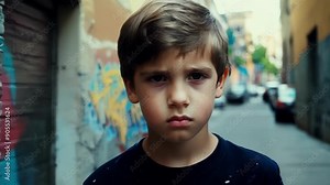 A teenage boys defiant and determined expression as he sets his jaw and stares off confidently. The background is a graffiticovered alleyway.