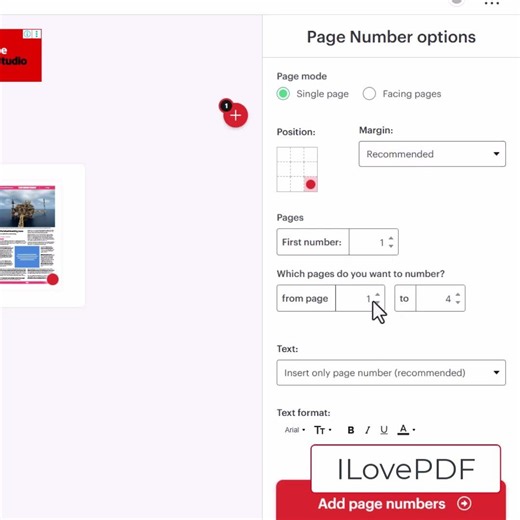 Adding Page Number in PDF File using ILovePDF