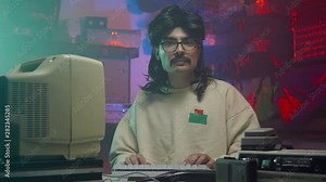 Computer nerd from the '80s or '90s looking right at the camera and giving a thumbs up. Retro scene with vintage colors and atmosphere.