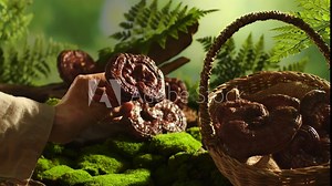 A hand closely examines a held lingzhi mushroom. Ganoderma mushrooms gathered, nestled in a rattan basket. Forest backdrop with moss, tree roots, and ferns.