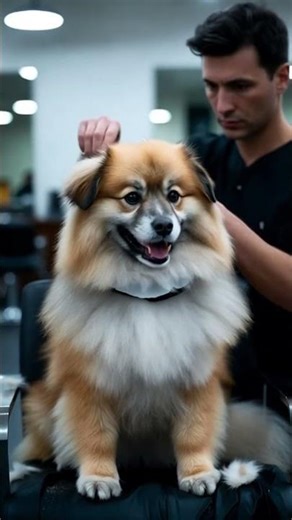 Long Hair Dog Getting Haircut in Human Salon | Cute Grooming Scene #youtubeshorts #funnyshorts