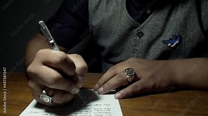 A man is writing a letter in the dark room with table lamp, very dizzy and confused