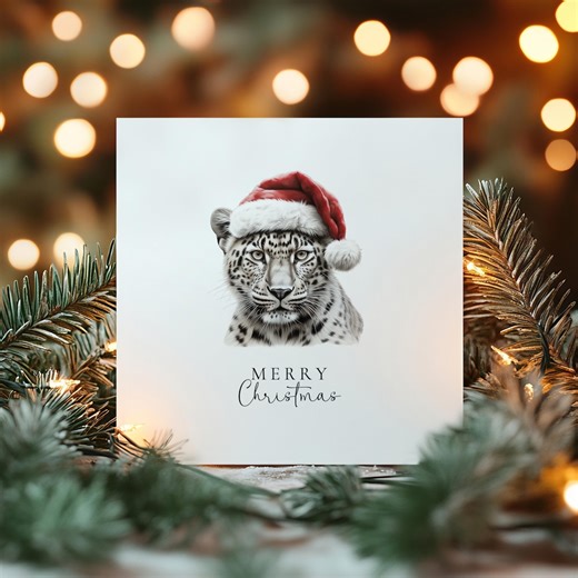 Merry Christmas Snow Leopard Card, Wild Cat in Santa Hat, Animal Christmas Card, Festive Wildlife Greeting, Unique Christmas Card - Etsy Australia
