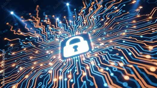 Cybersecurity shield protecting data with moving circuit patterns for modern digital protection, encryption and network security solutions