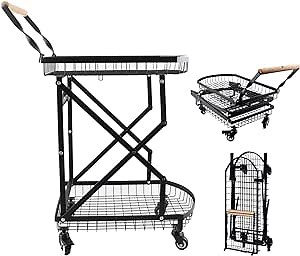 CYJZWOH Multi Use Functional Collapsible Carts, 2-Tier Metal Mobile Folding Trolley Shopping Cart, with Wooden Handle, Lockable Wheels for Office, Living Room, Kitchen, Picnic(Black)