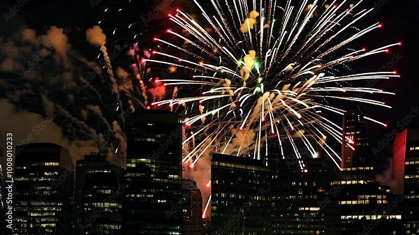 Camera in slow motion captures fireworks exploding in the night sky, reflected in a city skyline. the fireworks are multi-colored