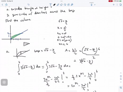 The base of a solid is the region bounded by the graphs of y=√(x) and y=x / 2 . The cross-sections perpendicular to the x -axis are     a. isosceles triangles of height  6  .          b. semicircles with diameters running across the base of the solid. | Numerade