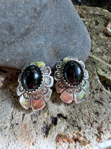 Vintage Mexican Sterling Silver Black Onyx Sunburst Earrings, Signed LO Patina - Etsy