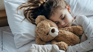 Young girl in deep sleep hugging a plush bear. Ideal for articles on childcare, innocence, and rest. AI