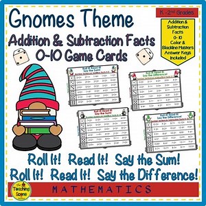 Gnome Addition & Subtraction Facts 0-10 Roll It! Read It! Game Cards