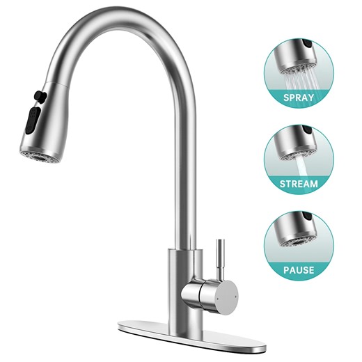 Kitchen Faucets with Pull Down Sprayer, Single Handle Kitchen Sink Faucet with Deck Plate, Brushed Nickel & SUS304 Stainless Steel, Commercial Modern rv Kitchen Faucets for Bar, Laundry, Utility Sink