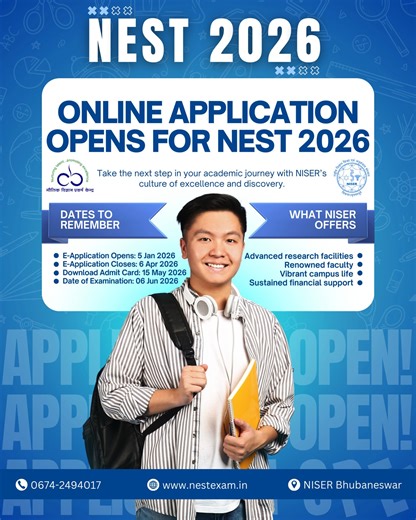 NISER on Instagram: "𝗢𝗻𝗹𝗶𝗻𝗲 𝗔𝗽𝗽𝗹𝗶𝗰𝗮𝘁𝗶𝗼𝗻𝘀 𝗢𝗽𝗲𝗻 𝗳𝗼𝗿 𝗡𝗘𝗦𝗧 𝟮𝟬𝟮𝟲 Take the next step in your academic journey with NISER’s culture of excellence and discovery. The National Entrance Screening Test (NEST) 2026 is now underway. NEST is the gateway to admission into the Integrated MSc programmes at National Institute of Science Education and Research (NISER), Bhubaneswar and UM–DAE Centre for Excellence in Basic Sciences (CEBS), University of Mumbai. Aspiring scientists w