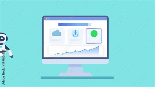 Animated video of a robot assistant beside a computer dashboard showing cloud storage, upload process, and analytics, representing AI automation, data storage, and cloud based workflow management.