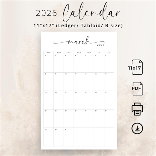 2026 Calendar 11X17 Ledger 2026 Monthly Planner Portrait Sunday & Monday Start B Size 2026 Elegant Monthly Calendar Printable 2026 Tabloid - Etsy