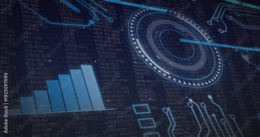 Left blue scan line sweeping, activating circular HUD and filling bar chart for live analytics
