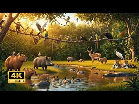Relaxing Walk in the Amazon Golden Hour Wildlife Gathering Capybara & Jaguar 4K