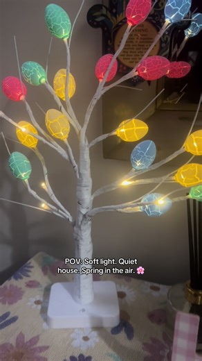 Just you and your happy little Easter egg birch tree glowing in the corner 🤍🌿🥚 Happy thoughts. Fresh beginnings. A gentle reminder that brighter days are here. ✨ #SpringVibes #EasterDecor #CozyHome #SimpleJoy #HappyThoughts