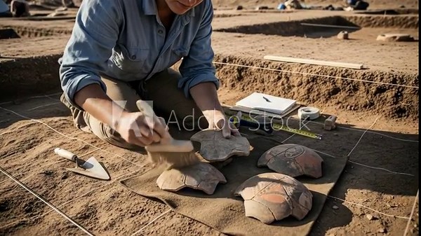Woman archaeologist carefully brushing dirt from ancient pottery fragments at dig site. Paleontology and excavation concept for historical research.