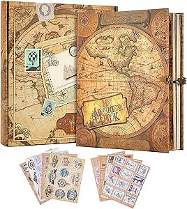 My Adventure Book Scrapbook 124 Pages Retro Style Embossed Photo Album,DIY Handmade Memory Travel Diary Photo Scrapbook for Couples,Anniversary,Wedding,Valentines Day Gifts(Retro Map)