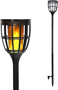 Techko Solar Tiki Torches, Outdoor Led Flickering Flame Light, 3-in-1 Pathway, Torch, and Table Lamp, Adjustable Height Up to 5 feet, Auto On/Off, 12+ Hour Runtime, 2 Pack