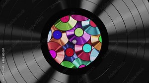 Realistic seamless looping 3D animation of the colorful records label spinning vinyl record rendered in UHD as motion background