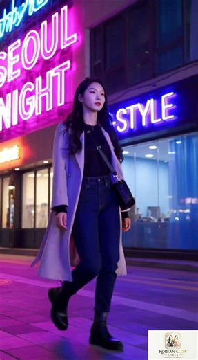 Fashionable Korean Girl Walking in Neon Seoul Night | #shorts