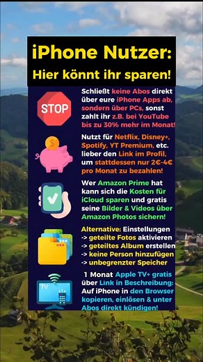 Mit diesen Tipps spart ihr Geld! Link im Profil für 70% Rabatt auf Streamingdienste. Hier könnt ihr euch 1 Monat Apple TV sichern: https://redeem.services.apple/roktappletv-de-v2 Link kopieren, in Browser einfügen und anschließend unter Abos in den Handy Einstellungen direkt kündigen. Das Abo läuft dann zum Ende automatisch aus. Amazon Photos bietet 5gb Speicherplatz und für Prime Kunden unbegrenzten Foto Speicher! Das geteilte Album ermöglicht es euch unbegrenzt Fotos und Videos zu sichern ohne