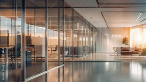 Modern office interior with glass partitions, reflecting light from large windows. Sleek and professional workspace. Ideal for contemporary office design and corporate environment concepts