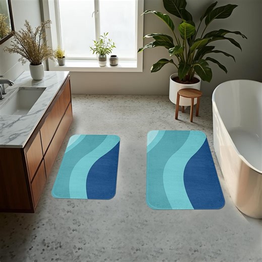 Blue Abstract Bathroom Rug Set, Modern Wave Design Bath Mats, Non Slip Soft Bathroom Floor Rugs, Minimalist Home Decor,gift Bathroom Rug - Etsy