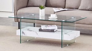 43.3" Rectangular Glass Coffee Table - Modern Design with Clear Glass Top and Wood Storage Shelf, Center Table for Living Room, Office (B:White)