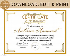 Certificate of Appreciation Template, Editable Appreciation Certificate, Certificate Canva Template, Instant Digital Download - Etsy