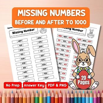 Missing Numbers Before & After to 1000 Worksheets | Easter Math Activities